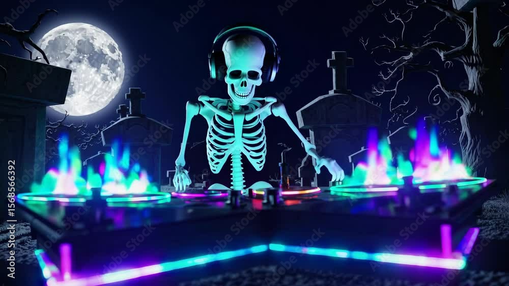 Seamless animation of a skeleton dijing with turntables in a cemetery at night. Funny halloween background