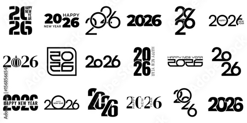 Black 2026 typography set in bold minimalist style, isolated on white background. Geometric New Year lettering for posters, greeting cards, calendars, websites, and holiday design projects.