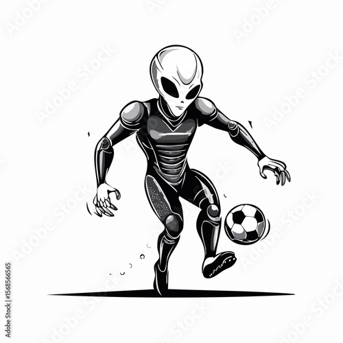 Black and White Alien in Action Playing Soccer with Dynamic Moves in a Futuristic Vector Illustration