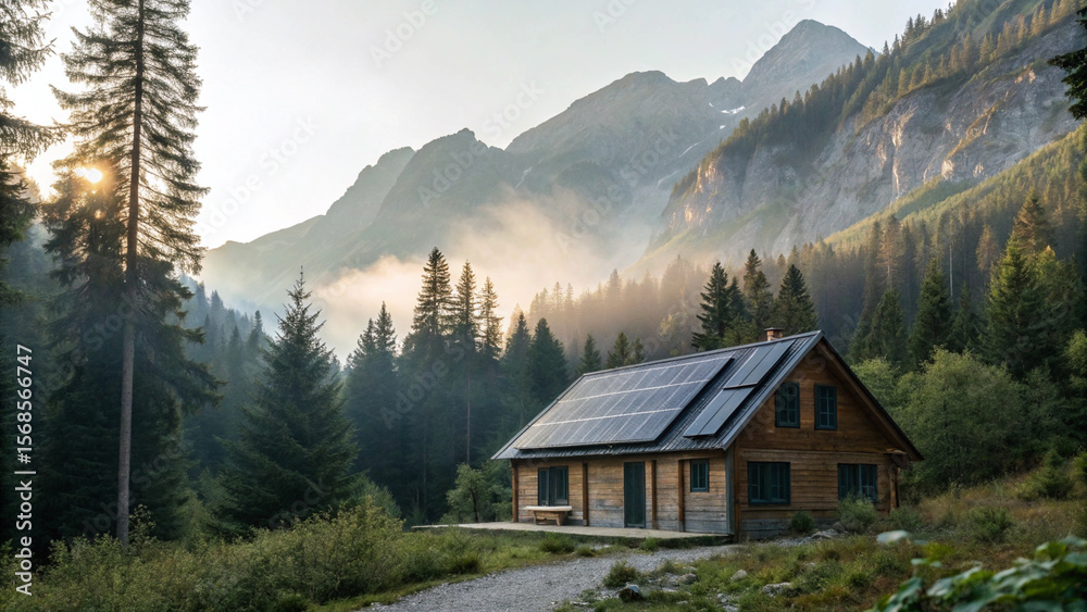 Fototapeta premium Rustic Tiny House or Cabin in a Lush Mountainous Landscape with Solar Panels, Representing Off-Grid Living and Sustainable Retreats
