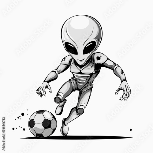 Alien in Action Playing Soccer with Dynamic Moves in a Futuristic Vector Illustration