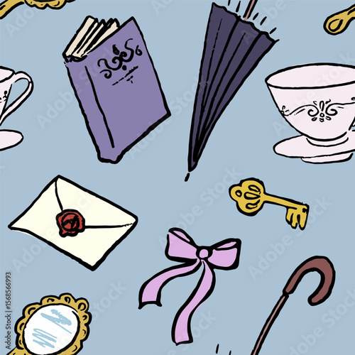 Seamless pattern with romantic Victorian style. Hand draw, ink. Vector, isolated. Doodle.