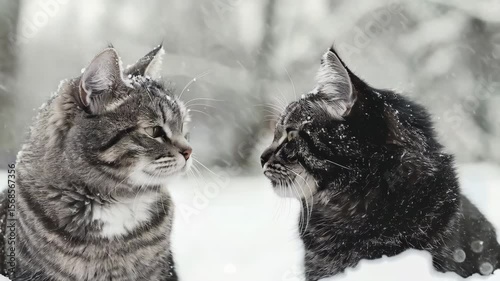 Two Playful Cats Greet Each Other in a Snowy Landscape During a Winter Afternoon. Generative AI