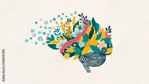 Wallpaper Mural Illustration of a brain filled with colorful plants and leaves and social media icons floating away Torontodigital.ca