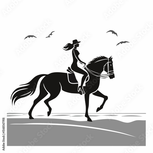 Silhouette Woman riding a horse on the beach image vector on white background.