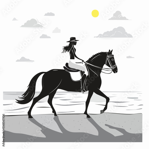 Silhouette Woman riding a horse on the beach image vector on white background.