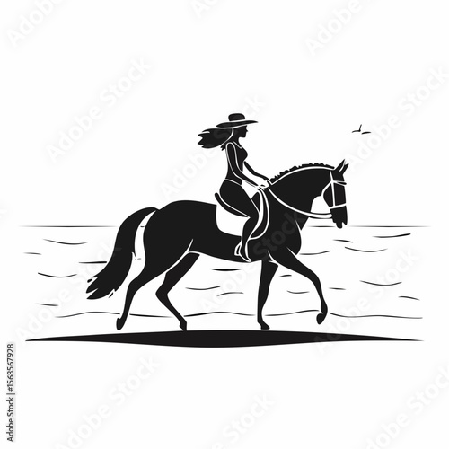 Silhouette Woman riding a horse on the beach image vector on white background.