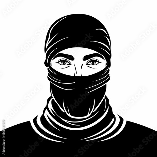 Mysterious Man in Black Balaclava Intriguing Portrait image vector isolated on white background.