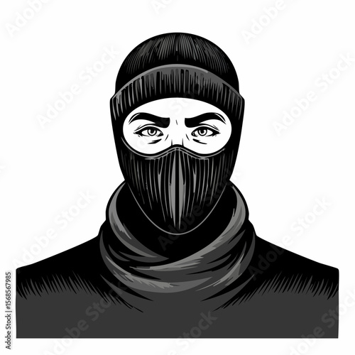 Mysterious Man in Black Balaclava Intriguing Portrait image vector isolated on white background.