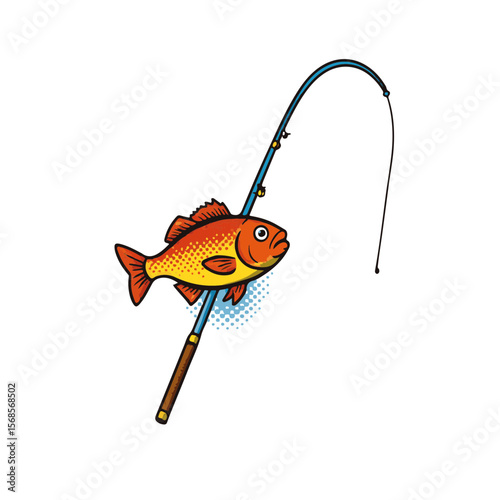 Playful fish caught on a fishing rod with dynamic shapes, isolated on white, concept of recreational fishing.
