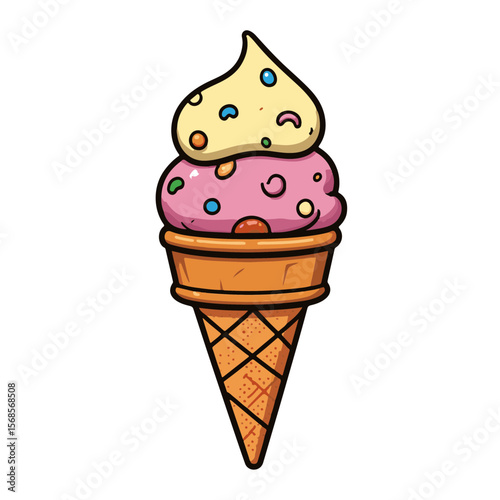 Colorful pop art ice cream cone displaying vibrant pink and yellow scoops on a white background, celebration of sweetness concept.