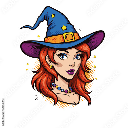 Vibrant pop art witch character with playful expression and dynamic colors, isolated on white, Halloween and magical fantasy concept.