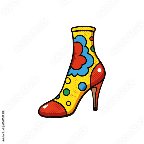 Colorful pop art style high-heeled shoe with playful patterns isolated on white, fashion and design concept.