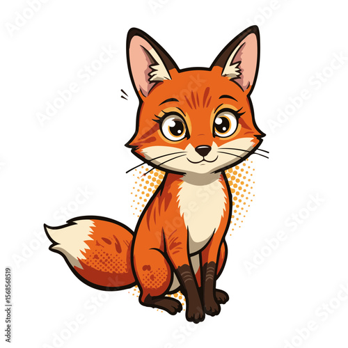 Vibrant charming cartoon fox displaying playful expression, isolated on white background, concept of art and illustration for pet care and animal-themed businesses.