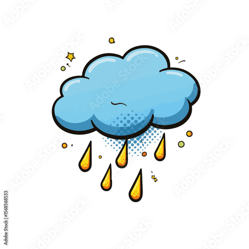 Vibrant pop art rain cloud dripping colorful drops, isolated on white background, concept of playful weather art for design and decor businesses.