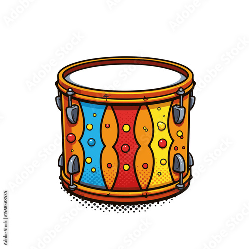 Vibrant recycled drum showcasing playful pop art style in bold colors and dynamic shapes, isolated on white, concept of music and creativity.