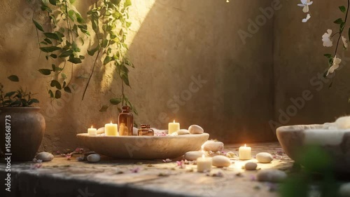 Relaxing Spa Setting With Candles and Natural Elements in a Serene Atmosphere. Generative AI