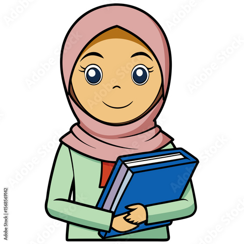 Young Muslim girl with schoolbooks smiling with confidence  