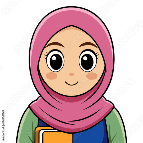 Young Muslim girl smiling while holding schoolbooks  