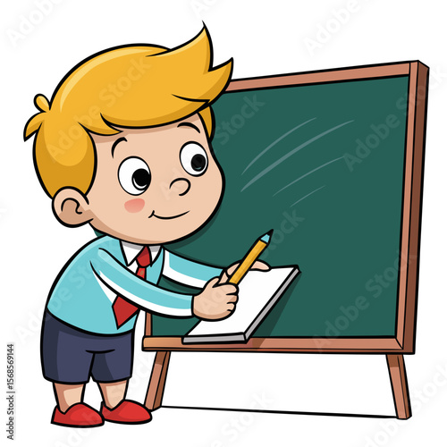 Young boy writing on chalkboard with concentration in classroom  