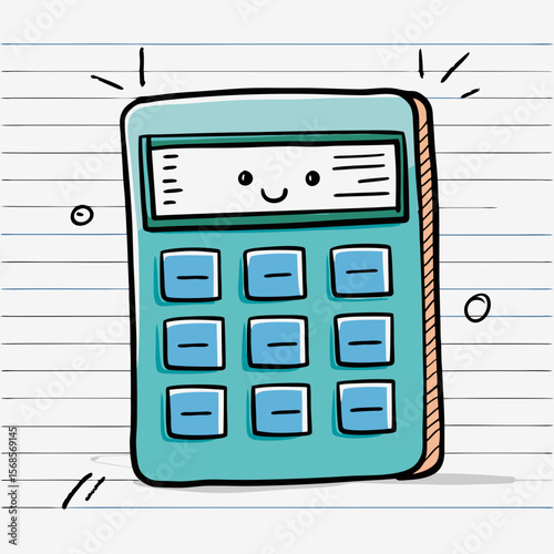 Cartoon calculator on lined paper with scribbles, concept of education  