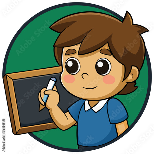 Young boy smiling while writing on chalkboard with concentration in classroom setting  