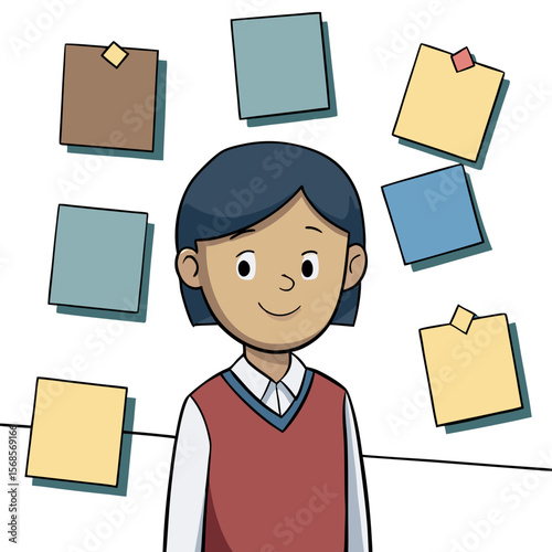 Student with sticky notes on wall illustrating concept of education  