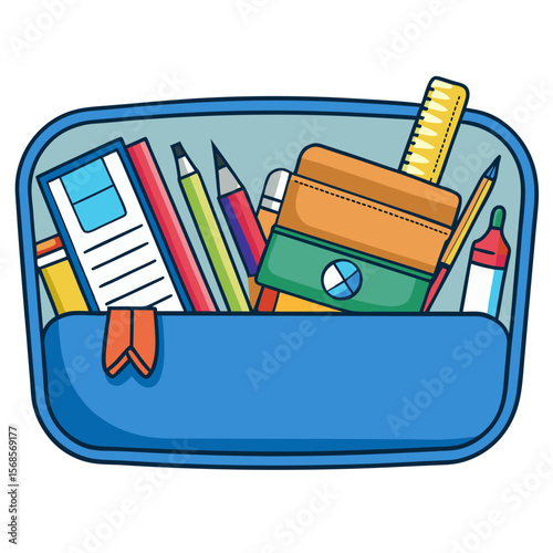 Top view of colorful school supplies in pencil case for education concept  