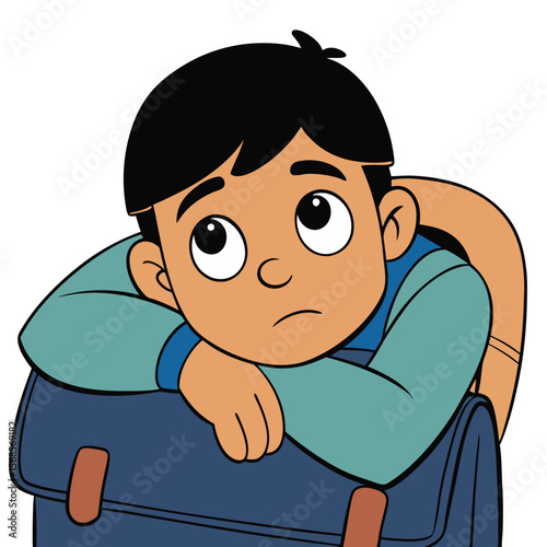 Student putting his head on backpack with a thoughtful expression  