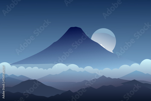 Serene Night Majestic Mountain Silhouette Under a Full Moon