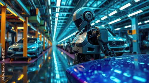 Robot in futuristic car factory.