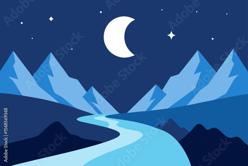 Serene Night Moonlit Mountains and a Winding River Landscape Illustration