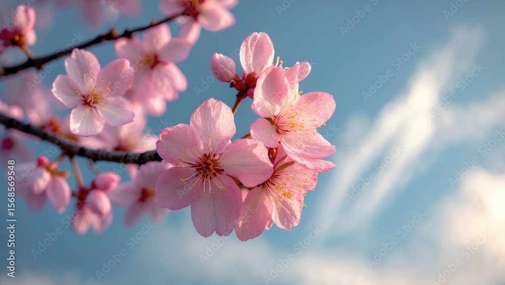 Fototapeta premium A beautiful blooming sakura blossom close-up on a blue sky background