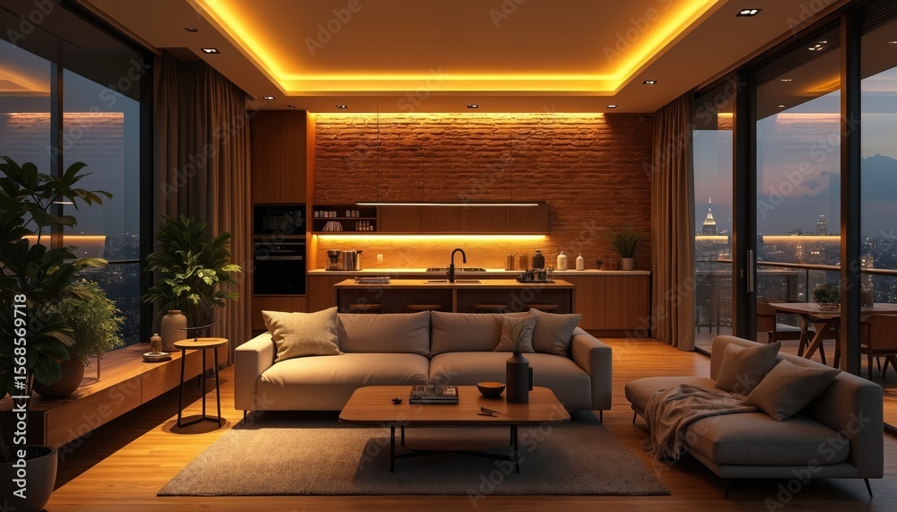 Modern apartment interior at night featuring cozy living space with plush sofa, warm brick wall accent, sleek open-plan kitchen. Floor-to-ceiling windows offer city views as soft ambient lighting Modern apartment interior at night featuring cozy living space with plush sofa, warm brick wall accent, sleek open-plan kitchen. Floor-to-ceiling windows offer city views as soft ambient lighting