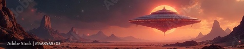 Silent Descent A Mysterious Alien Craft Appears Over a Desolate Alien Landscape, Inviting Exploration of the Vast Unknown Universe.