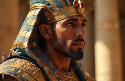 Man in regal attire, possibly Joseph, in ancient Egypt. Rich gold, teal clothing suggests high status, perhaps as governor. Historical, religious, biblical theme with elements of service, leadership.