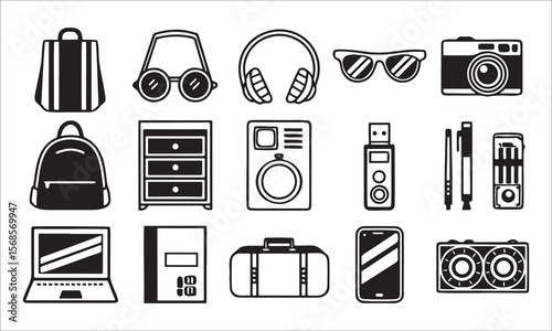 Backpack binoculars headphones sunglasses camera speaker
