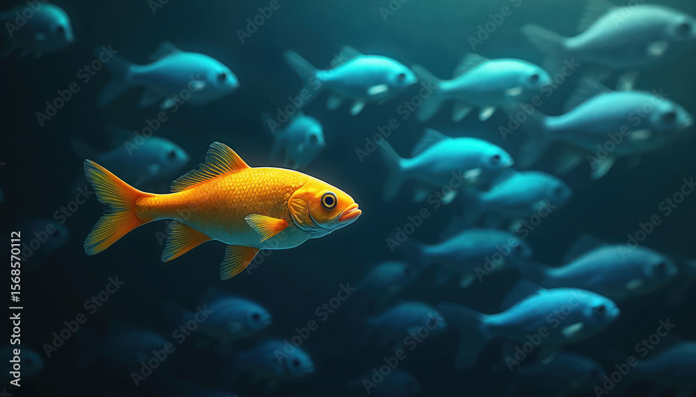 Fototapeta premium One golden fish swims against school of blue fish. Individuality, courage, nonconformity. Bright fish stands out, representing leadership, breaking from norm. Powerful metaphor for perseverance,