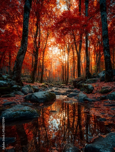 Autumn forest with red maple trees reflected in a stream at sunset