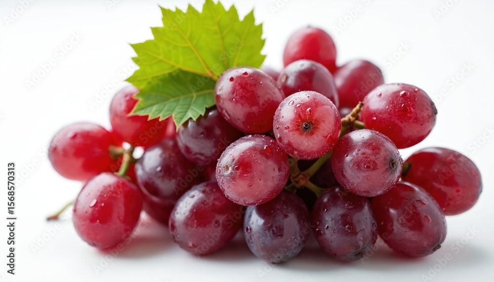 Fototapeta premium Bunch of ripe red grapes with water droplets placed on white isolated background. Fresh fruit features vibrant color, smooth texture, perfect for healthy eating, cooking, wine making themes. Leaves