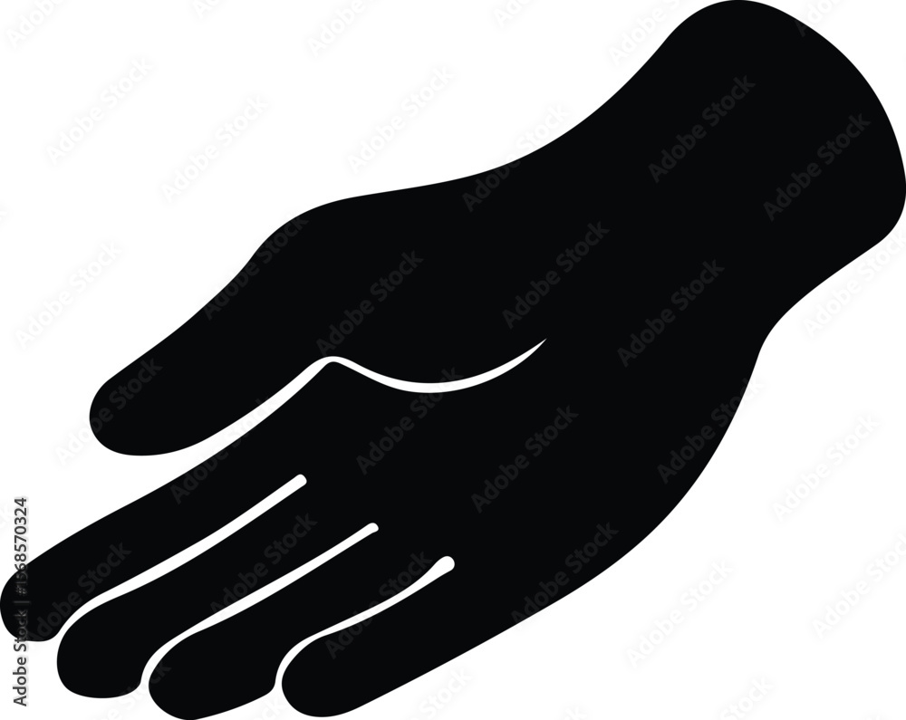 Black silhouette of an open human hand reaching out in a gesture of giving or receiving, isolated on a white background silhouette Black silhouette of an open human hand reaching out in a gesture of giving or receiving, isolated on a white background silhouette