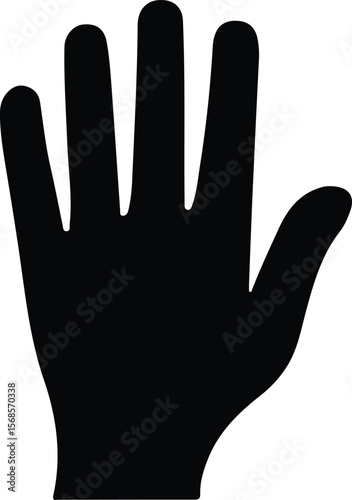 Black silhouette of an open human hand showing five fingers raised and isolated on a white background