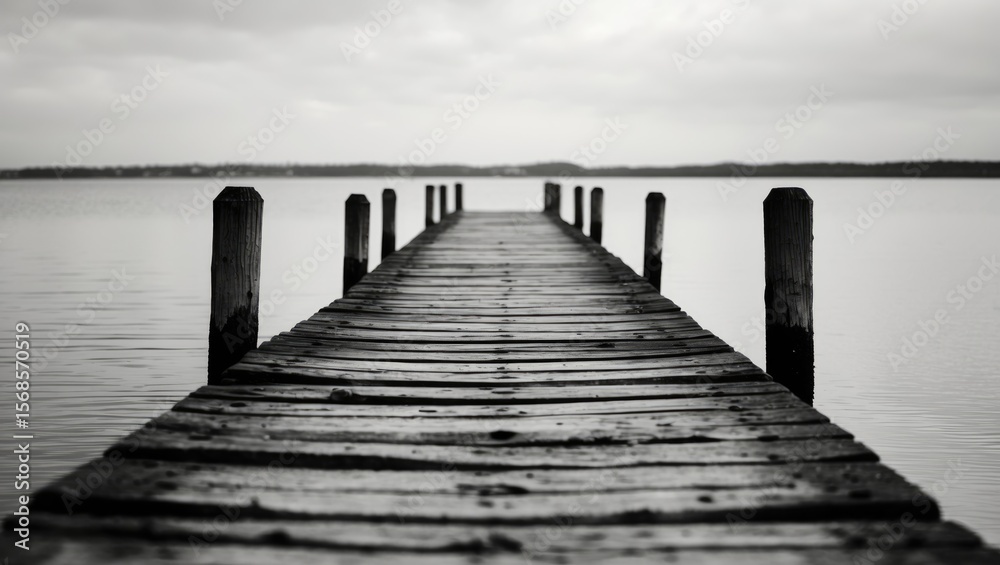 Fototapeta premium A shot in black and white of a wooden pier extending into the water.