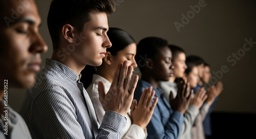 Diverse group of young people praying silently with closed eyes  