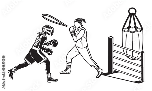 Boxers training in ring with punching bag boxing