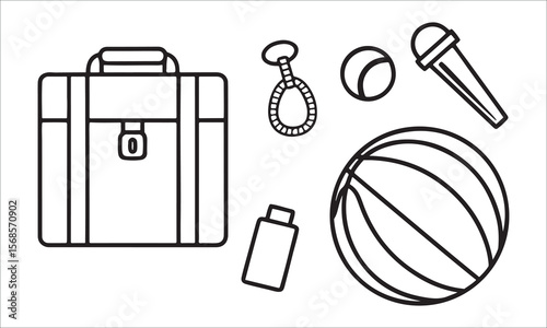 Briefcase microphone bottle balls sports