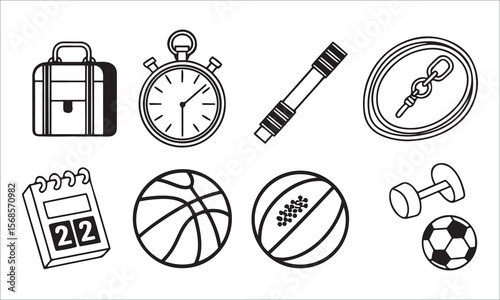 Briefcase stopwatch marker chain calendar basketball melon dumbbell soccer ball