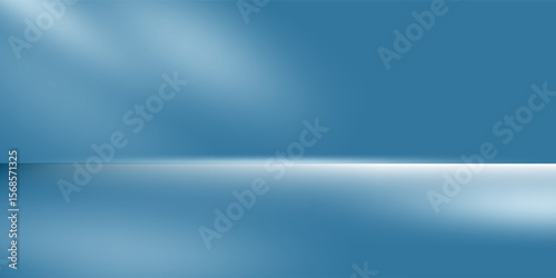 Panoramic abstract blue background for product presentation with sunlight and blurred shadows wall. Winter background.