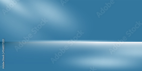Panoramic abstract blue background for product presentation with sunlight and blurred shadows wall. Winter background.