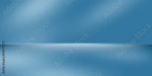 Panoramic abstract blue background for product presentation with sunlight and blurred shadows wall. Winter background.